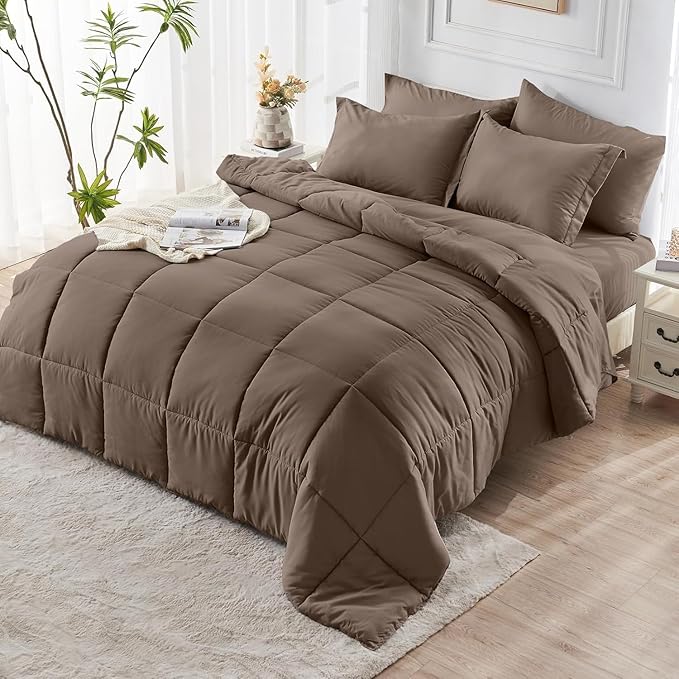 JOLLYVOGUE California King Comforter Set, Ultra-Soft Bed in a Bag Cal King Size 7 Pieces, Oeko-TEX Certified Bedding Set with Down Alternative Comforter, Sheets, Pillowcases & Shams, Brown