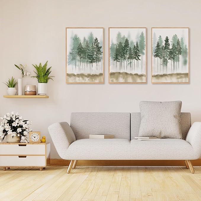 LHIUEM Foggy Pine Tree Framed Canvas Wall Art,Abstract Green Forest Wall Decor,Watercolor Nature Misty Forest Art Print for Living Room, Bedroom,Dining Room, Office-16''x24''x3