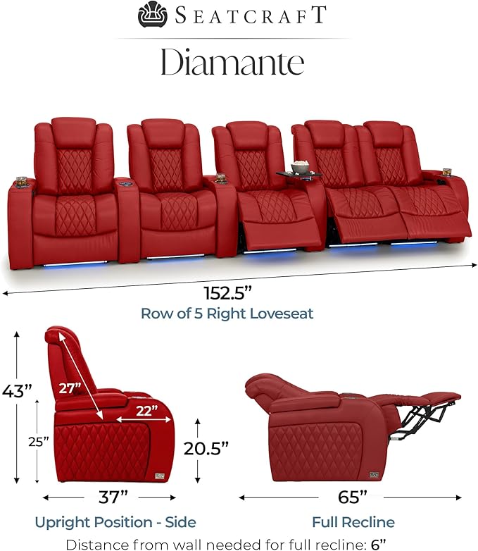 Seatcraft Diamante Zero-Gravity CoolZero Italian Leather Home Theater Seating, Power Headrest, Power Recline, Row of 5 Right Loveseat, Red