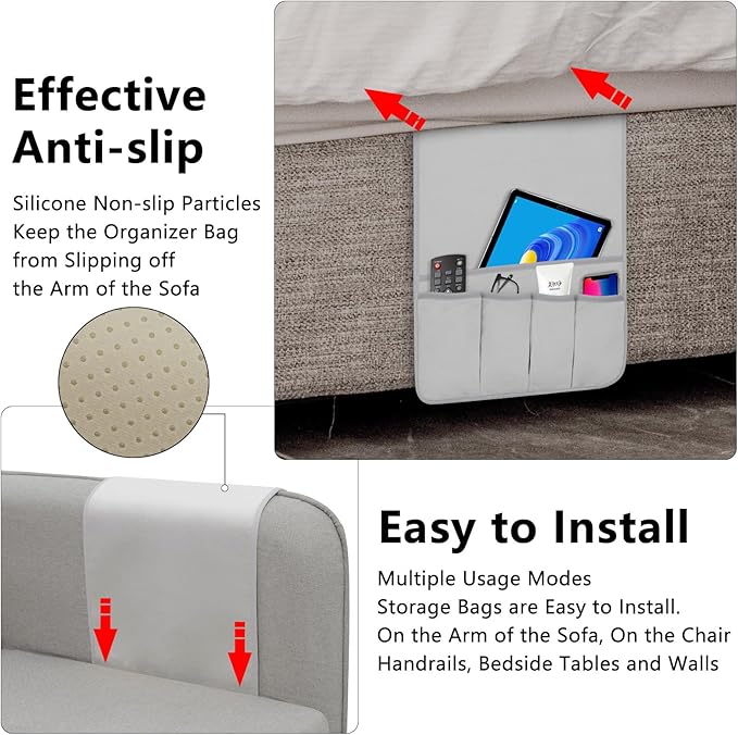 Remote Control Holder for Armchair, Couch Caddy Organizer TV Remote Holder for Bed Storage 5 Pockets, Remote Caddy Bedside Organizer Bedside Table Organizer (LightGray, 35"x12.4")