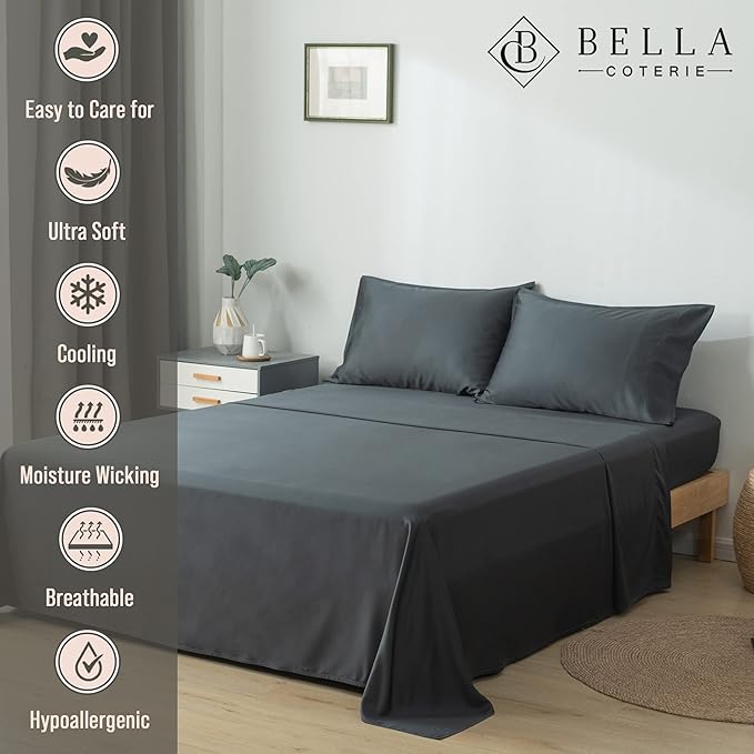 Bella Coterie Luxury Bamboo Viscose Twin XL Size Sheet Set | 100% Organically Grown | Ultra Soft | Cooling for Hot Sleepers | 18" Deep Pocket [Charcoal Grey]
