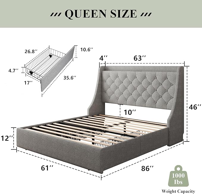 Feonase Queen Size Bed Frame with 4 Storage Drawers, Upholstered Storage Bed with Charging Station, Tufted Wingback Headboard, No Box Spring Needed, Light Grey, FEO737