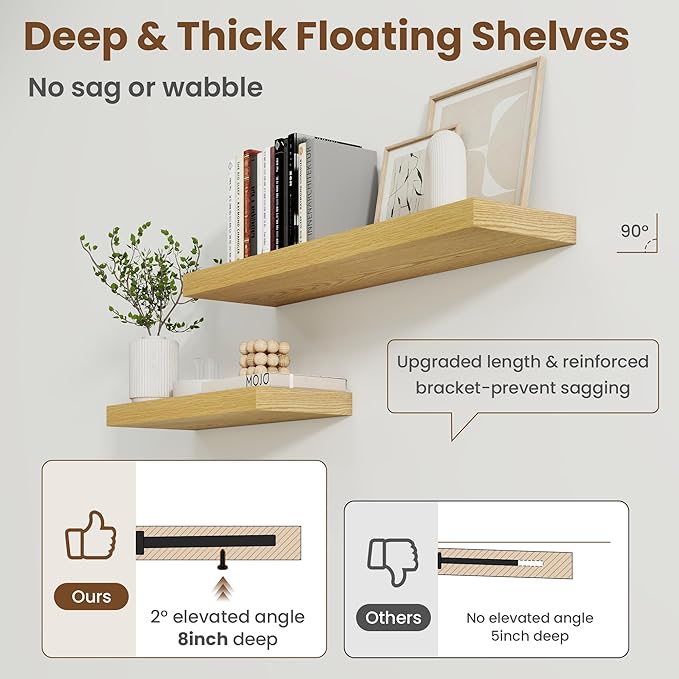 36 Inch Floating Shelves for Wall, 8 Inch Deep Floating Shelf for Storage & Display, Rustic Wall Mounted Shelf with Invisible Brackets for Living Room, Kitchen, Bathroom, Home Decor, Set of 2, Oak