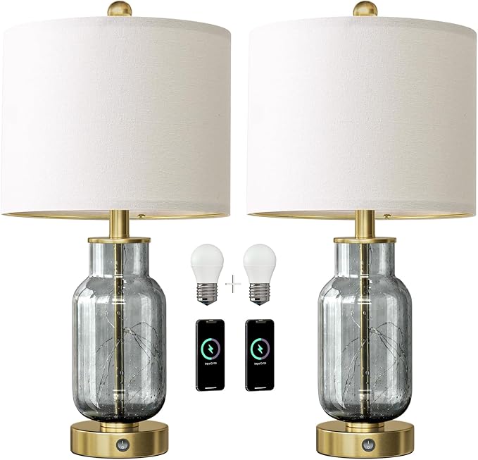 Oneach 22" Glass Table Lamps Set of 2, Gray Modern Bedside Lamp with LED Night Light for Living Room, Nightstand Lamp with USB Ports for Bedrooms, Study Room, End Table(2 Bulbs Included)