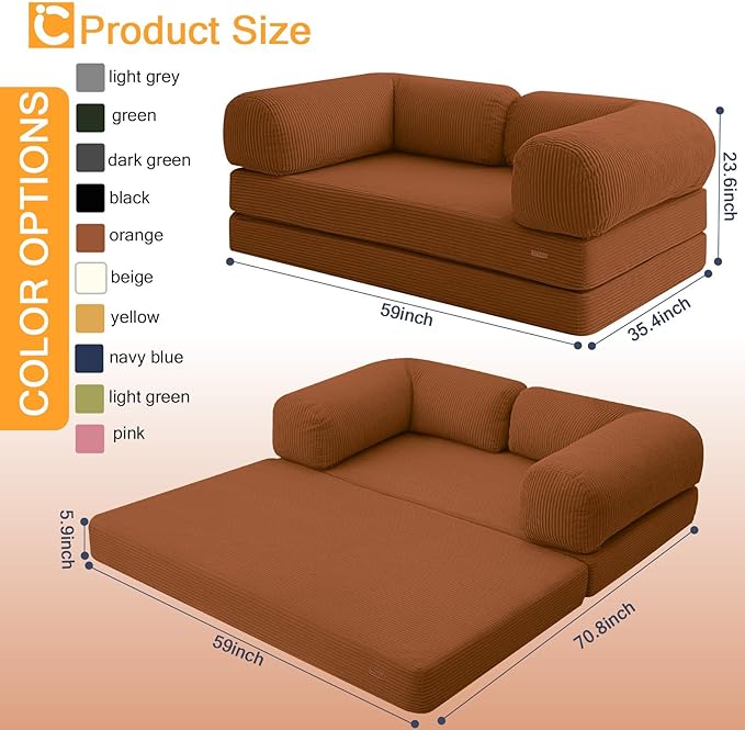 COMAX Futon Sofa Bed, 4-in-1 Floor Foldable Sofa Couch Bed Queen with L-Shaped Armrests, Convertible Folding Chair Bed Corduroy Sleeper Mattress Fold Out Comfy Lounge for Living Room, Orange