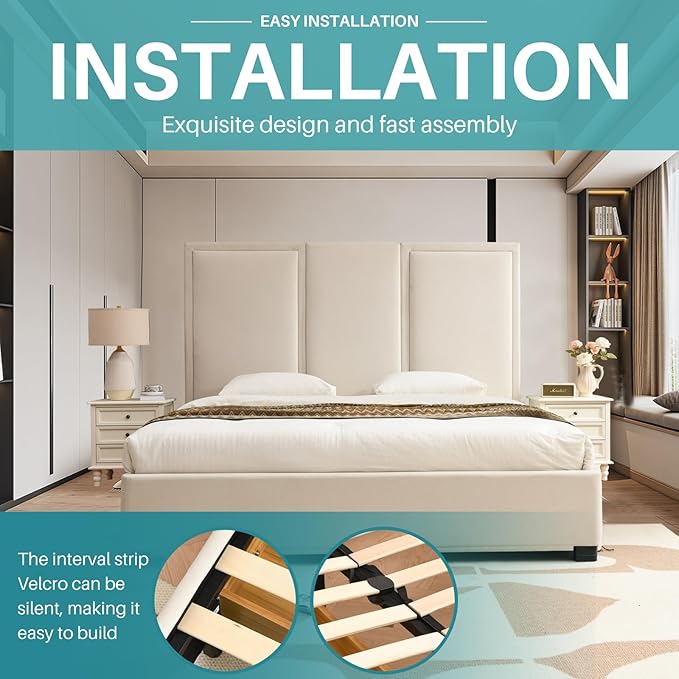 YUHUASHI King Size Bed Frame with 64-inch High Headboard, Simple and Airy Linen Upholstered Platform Bed with Storage Drawers, Wood Slat, No Noise (Beige, King)