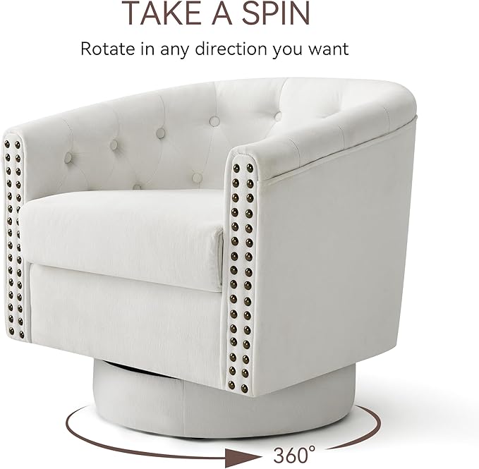 Swivel Barrel Accent Chair,Round Nailhead Chenille Fabric Living Room Arm Chairs,Modern Upholstered Comfty Reading Nook Chairs for Bedroom,Small Club Armchair,Single Sofa Side Chair,Ivory White