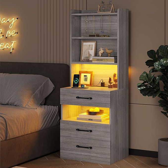 VIAGDO Tall Nightstand Set of 2 with Charging Station and LED Lights, Grey Night Stand Set 2 with Bookshelf, Modern LED Bedside Tables with 3 Drawers and Storage Shelves, Side Tables for Bedrooms