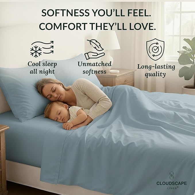 Cloud Scape Linen 100% Egyptian Cotton California King Sheet Set, 400 Thread Count,4 Pieces Luxury Bedding Set, Hotel Quality, Silky Soft, Breathable and Durable, Deep Pockets up to 17, French Blue