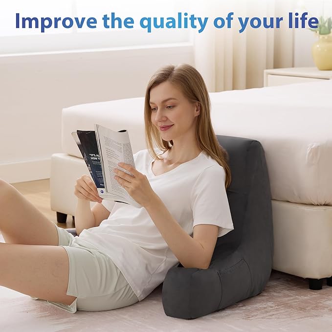 IPYNBAP Reading Pillow with Arms for Adults, Back Pillow for Bed Sitting Up, Shredded Memory Foam Backrest Pillow with Pockets & Removable Washable Cover, Lounging, Watching TV, Reading(20inch Grey)