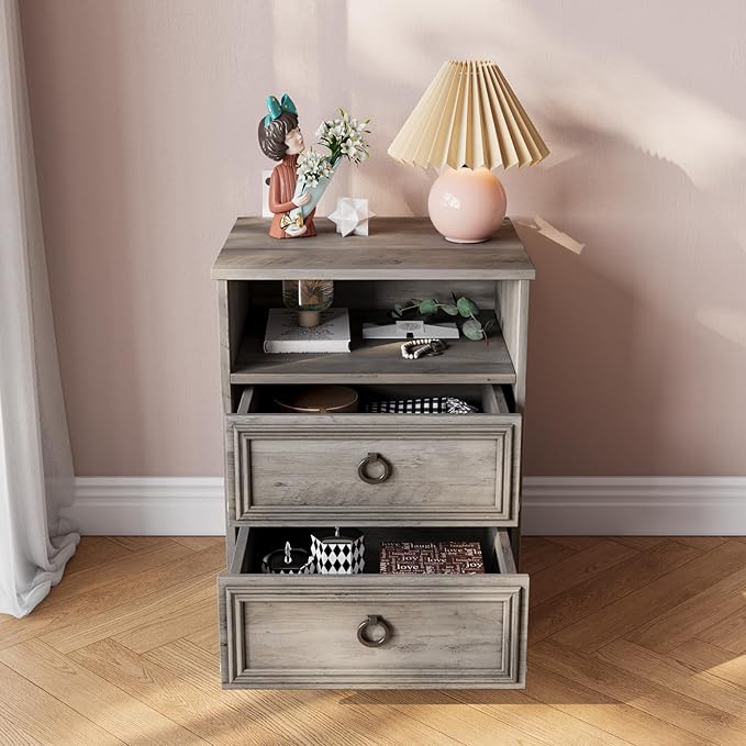 Set of 2 Nightstand with 2 Drawers, 18"W Night Stand with Drawers for Bedroom, Large Accent Bed Side Table and End Table with Open Compartment-Easy Pull Handle, Textured Border for Living Room,Gray