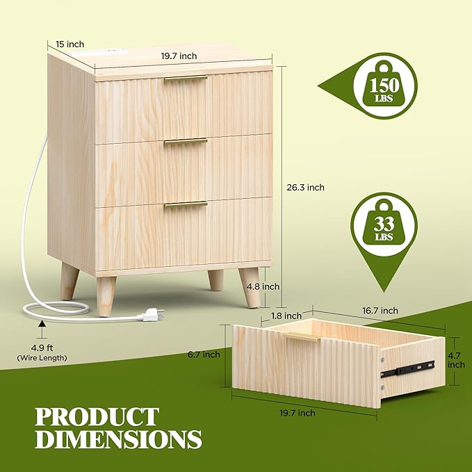 Fluted Night Stand Set of 2 with USB Charging Station, 3-Drawer Dresser Wood Modern Night Stand Bedside Table with Quiet Drawers & Large Storage End Table for Bedroom