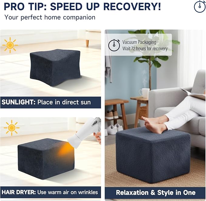 Tiita Stuffed Pouf Ottoman, Square Foot Stool Fluffy Floor Poufs Chair for Living Room Bedroom, Filled Boho Foot Rest for Couch, Blue-Grey