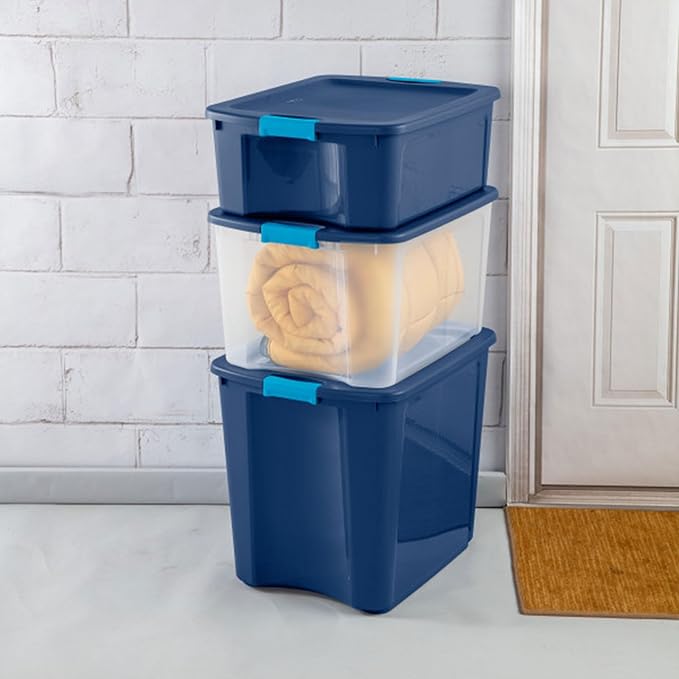 Sterilite 18 Gal Latch and Carry, Stackable Storage Bin with Latching Lid, Plastic Container to Organize Closets, Clear with Blue Lid, 18-Pack