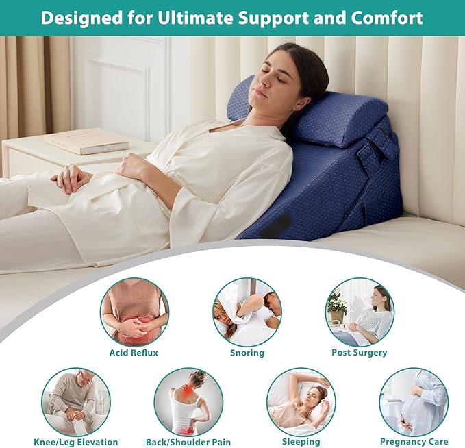 Bedluxe 3Pcs Orthopedic Bed Wedge Pillow Set, Foam Wedge Pillow Post Surgery for Back, Leg and Knee Support, Adjustable 9&12 Inch Folding Triangle Pillow for Sleeping, Acid Reflux, Snoring, Navy