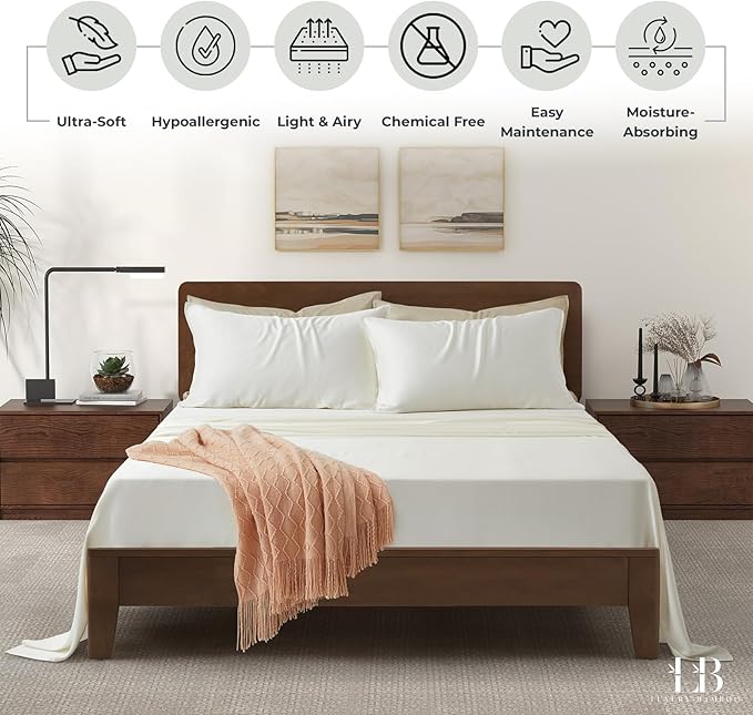 Luxury Bamboo Market | King Size Bed Sheet Set | 100% Viscose Made from Bamboo | Organically Grown | Ultra Soft | Cooling Sheets for Hot Sleepers | 17" Deep Pocket [Opulent Ivory]