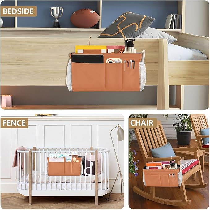 KOPIRIT Orange Bedside Caddy Storage Bag Bedside Organizer for Bed Rails College Dorm Room Hanging Bag Bedside Shelf 6 Pockets with Hooks for Glasses Book Tablet Holder