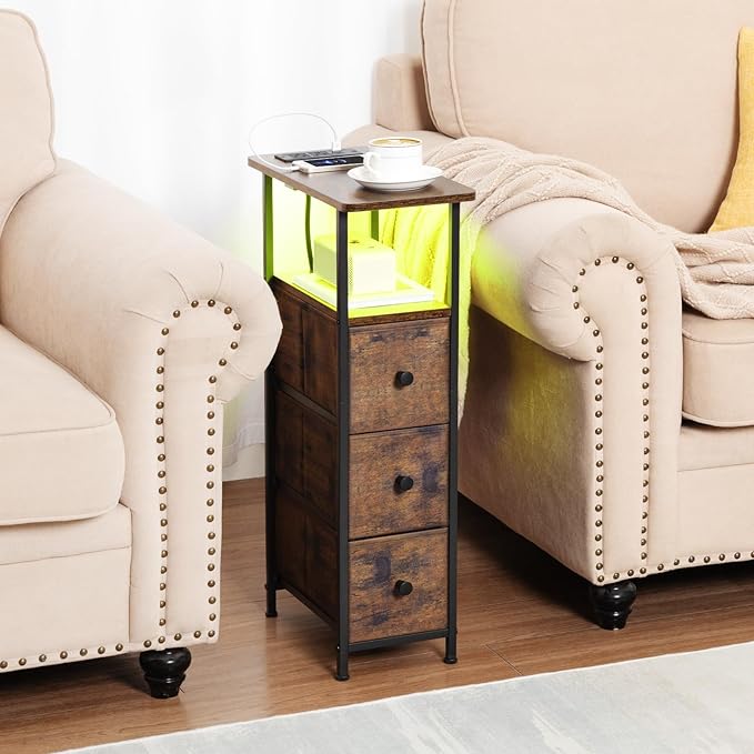 LOAKEKEL Narrow End Table Living Room with Charging Station, Skinny Side Table with Fabric Drawers, Slim LED Nightstand for Bedroom, Small Spaces, Couch, Rustic Brown, HETNDP03LPBR-1