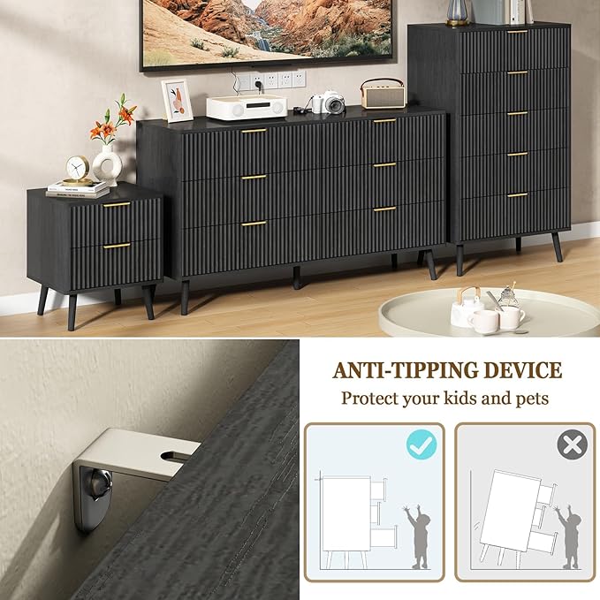 CARPETNAL Fluted 6 Drawer Dresser for Bedroom, 55" Wide Wooden Chest of Drawers with Rounded Corners, Gold Handles, Modern Storage Organizer for Bedroom, Hallway(Black)