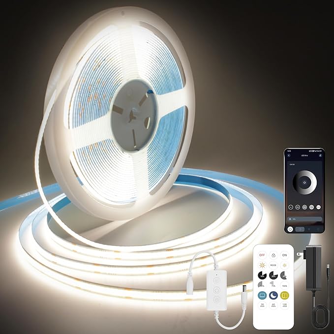 COB LED Strip Lights Natural White,24V Dimmable led Light Strip KIT with Remote and app Control,4000K 25FT/7.5m 8mmwide Ra>90 Cuttable Flexible Strip Lights for Bedroom,Wardrobe,Cabinet