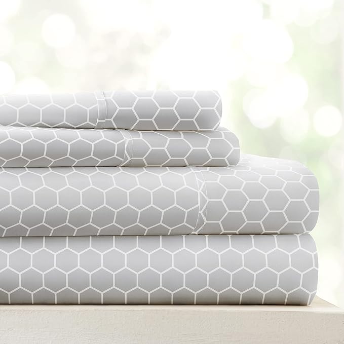 Linen Market Double-Brushed Patterned Microfiber California King Sheet Set 4 Piece – Oeko-TEX Certified Ultra Soft & Wrinkle-Free - 16" Deep Pocket Sheets Easy Care Cal-King Size - Honeycomb Gray
