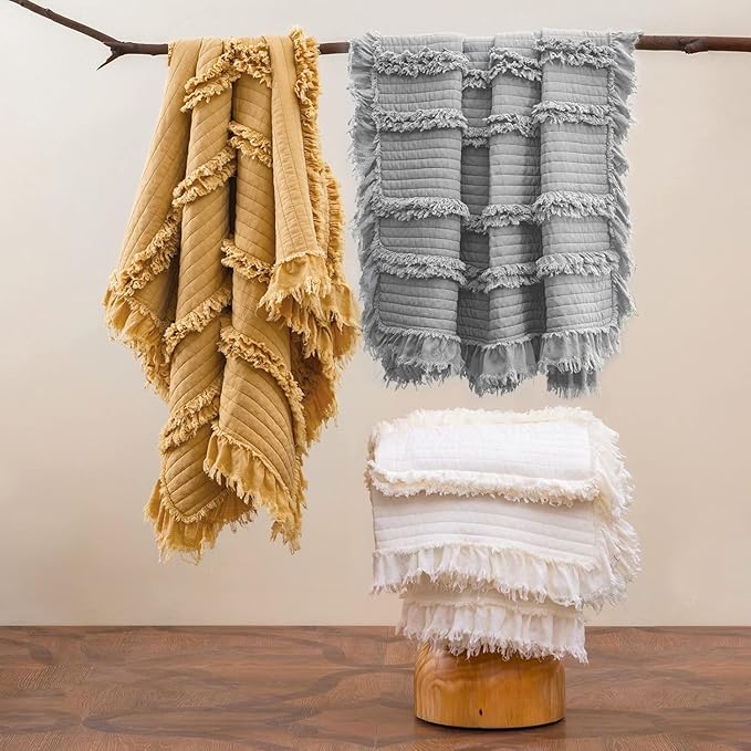 Pre-Washed Ultra Soft Quilted Cream King Size Blankets for Bed, Ruffle Fringed Chic Boho Decorative Throw, Stone Washed Blanket for Sofa Couch Bed 104"x90"