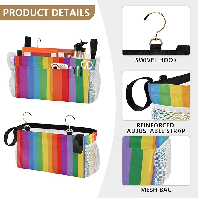 Bedside Caddy Hanging Bunk Bed Caddy Bed Organizer Hanging Pocket with 2 Hooks Bedside Storage Organizer Pocket Bag Holder Vibrant Colorful Stripes