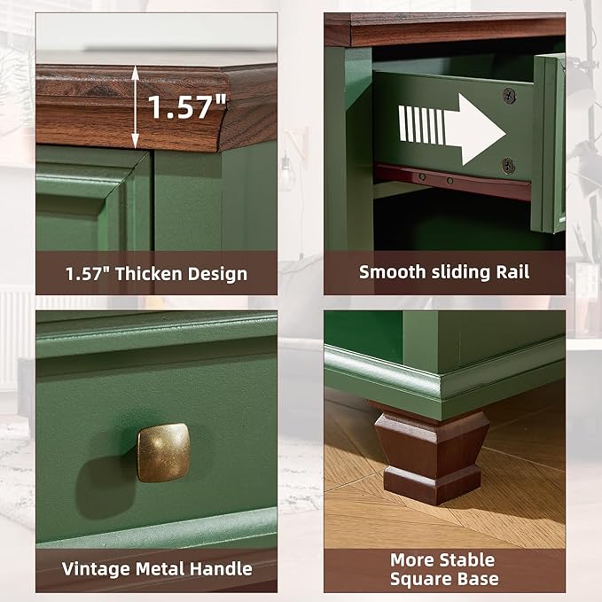 SAVOR LIFE Farmhouse End Tables Living Room with Drawer, Rustic Wood Nightstand with Charging Station, Bedside Table with Open Shelf for Bed Room, Living Room, Green