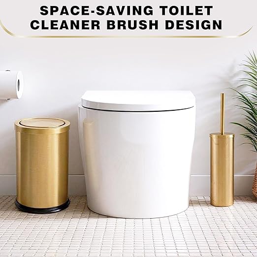Maxdot 2 Pcs Gold Bathroom Trash Can with Flipping Lid 2.4 Gallon/9.1 L and Toilet Brush Set, Small Stainless Steel Garbage Trash Can Toilet Cleaner Brush Wastebasket Bin for Bathroom Bedroom Office