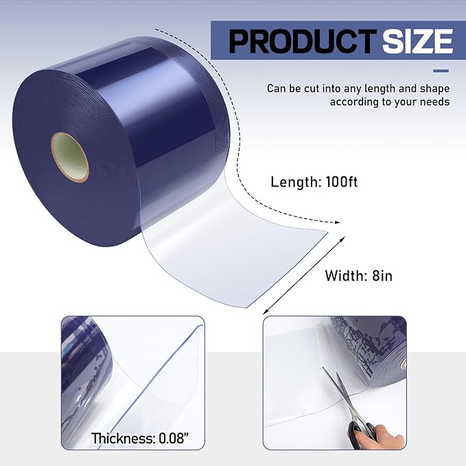Moukeren Plastic Door Curtain for Winter 100 ft x 8 Inch Thermal Insulated Garage Door Strip Curtains Smooth Waterproof Clear PVC Strip Curtain for Warehouse Freezer Garage, 0.08" Thickness(Classic)