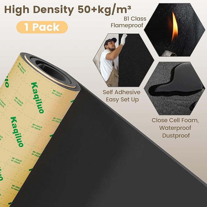 Self-Adhesive Sound Insulation Acoustic Foam, 32.3 sqft x 0.79in Thick, 50+kg/m³ ，Sound Proof Padding,Fire,Water Resistant ,Thermal Insulation,Cold Proof Acoustic Treatment Foam