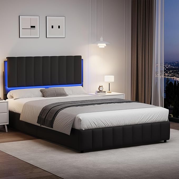 Full Size Bed Frame with LED Lights, Faux Leather Upholstered Platform Bed with Headboard and Wooden Slats Support, No Box Spring Needed, Noise-Free, Easy Assembly, Black