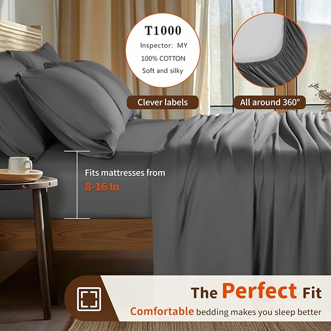 LBRO2M 1000 Thread Count 100% Egyptian Cotton Sheets Set 6 Piece Sets Queen Bed Sheet Deep Pocket Sheet Set 16" Soft Comfortable All Season (Queen, Dark Gray)