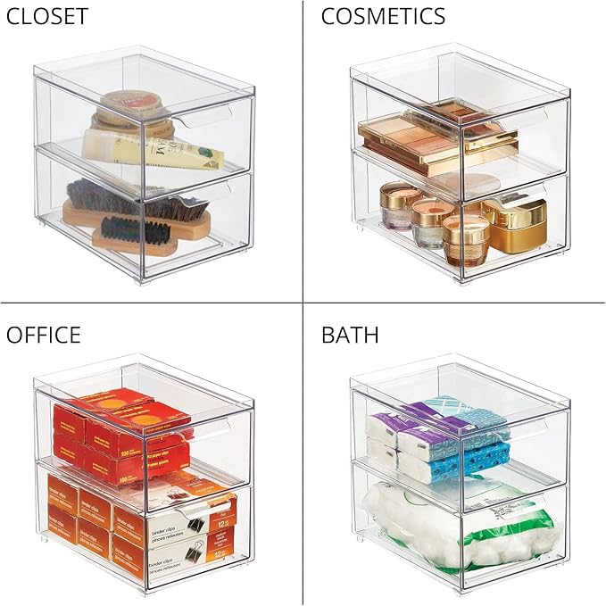 mDesign Stackable Storage Containers Box with 2 Pull-Out Drawers - Stacking Plastic Drawer Bins for Kitchen Pantry and Cupboard, Cabinet, Counter, Island and Tables - Lumiere Collection, 4 Pack, Clear