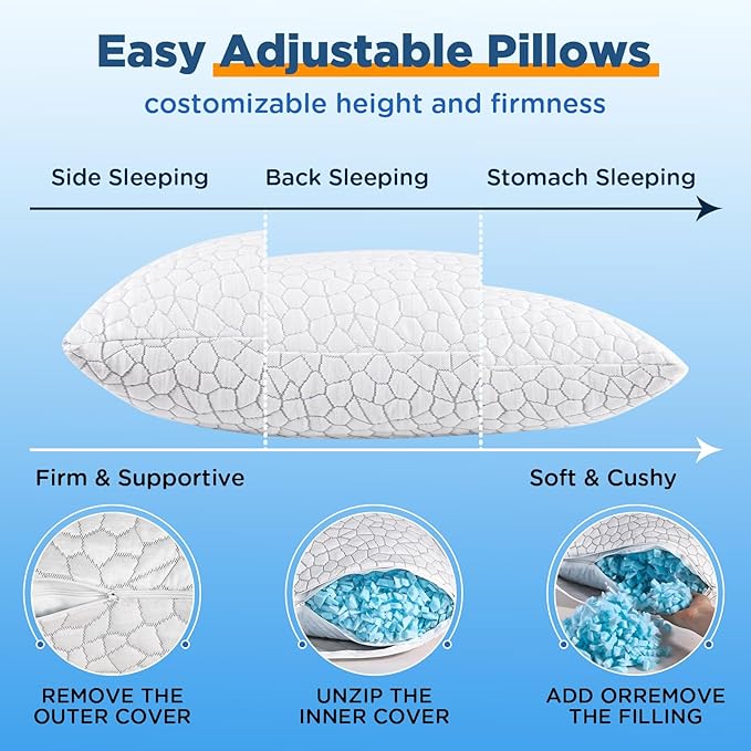 SUPA MODERN Cooling Bed Pillows for Sleeping 1 Pack Shredded Memory Foam Pillows Adjustable Cool Pillow for Side Back Stomach Sleepers Luxury Gel Pillows Standard Size, for Women Men