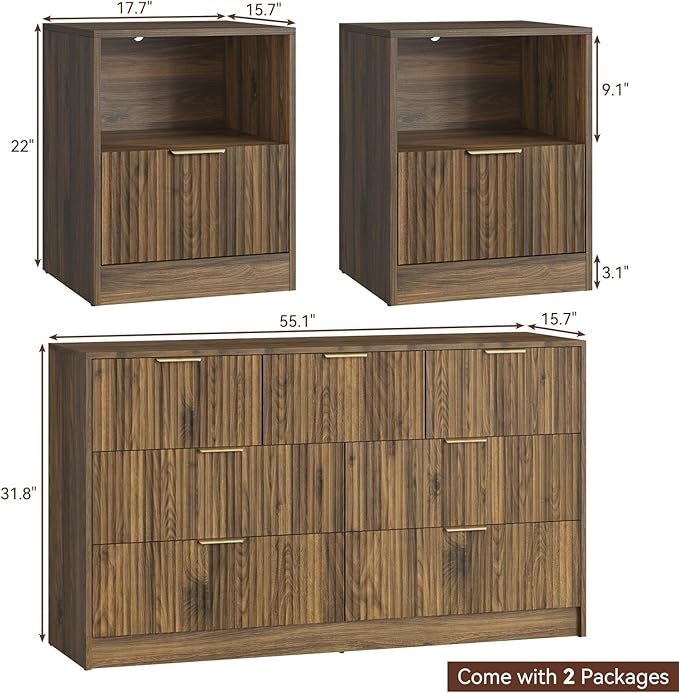 Fluted Dresser & Nightstand Set 3-Piece, 7 Drawer Dressers and Night Stand Set of 2 with Metal Handle, Fluted Mid Century Wood Chest of Drawers Storage Dressers Set for Bedroom, Walnut