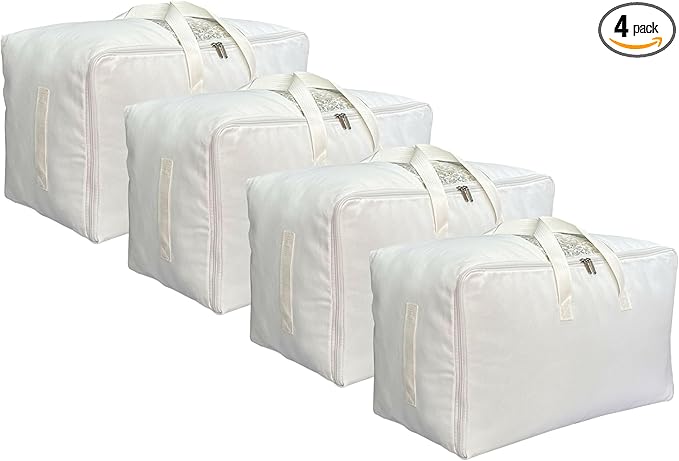 Soft Large Canvas Comforter Storage Bags with Four Carrying Handles and Clear Window, Closet Organizer for Clothing, Blankets Sheets Pillows and Bedding, 80L, 4 Pack, White