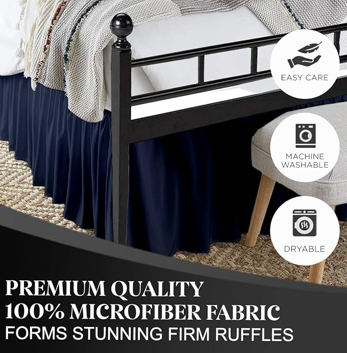 Ruffled Bed Skirt with Split Corners, Navy Blue, King 18 Inch Drop Bedskirt, Hotel Quality Brushed Microfiber Wrinkle Free Dust Ruffle Bed Skirt King Size