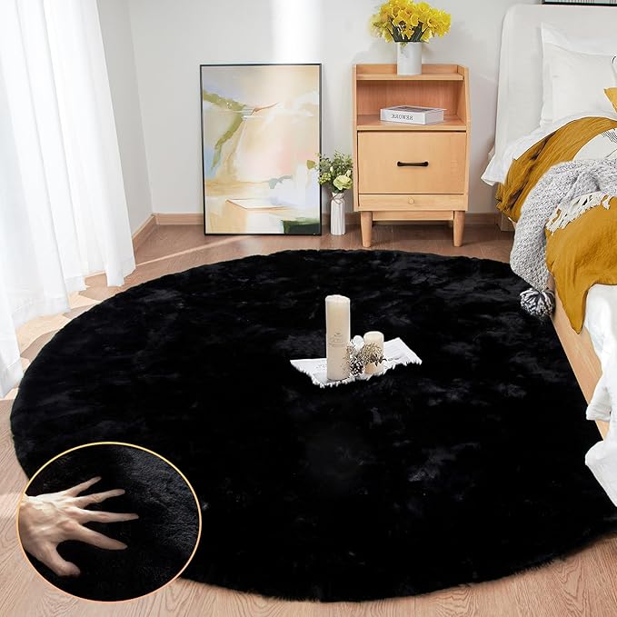 Black Round Area Rug 5ft Washable Faux Fluffy Fur Rug for Bedroom Circle Nursery Rug for Living Room Girl Room Cute Décor
