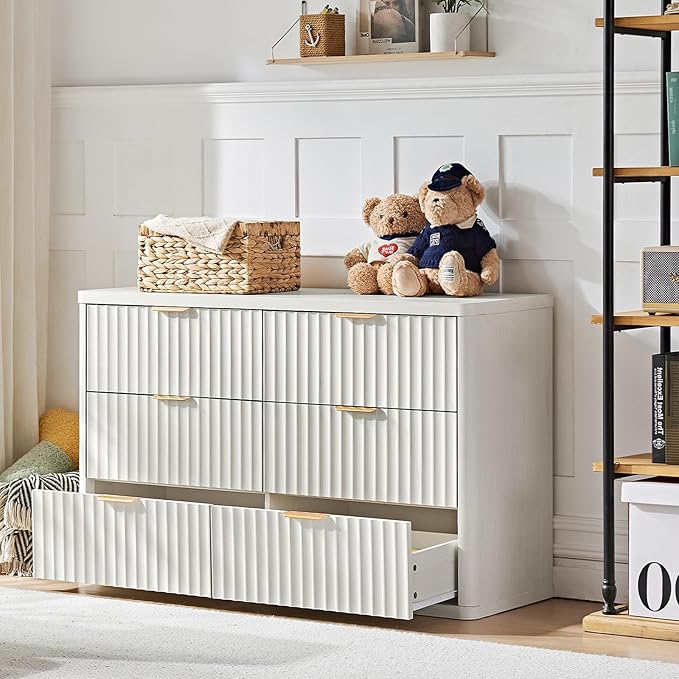 LEYAOYAO 48" Wide Fluted Dresser and 3 Drawers 23" Nightstand Set of 2,Wooden Dresser & Night Stand with Charging Station, 3 Piece Bedroom Furniture Set,Chest of Drawer for Living Room,Antique White