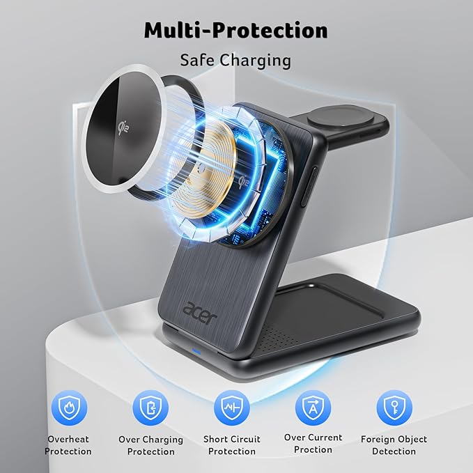 Acer 3 in 1 Charging Station for iPhone, Wireless Charger Stand,15W Fast MagSafe Charger for iPhone 17 16 15 14 13 12 Series-Apple Watch 10 9 8 7 6 5 4 3 2 SE and Ultra Series-Airpods 4 3 2 Pro Series