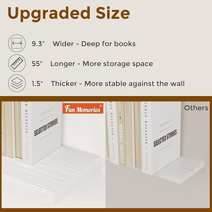 Fun Memories Floating Shelves for Wall, 36 x 9.3 Large Floating Shelf Wall Mounted Set of 2, Rustic Wood Shelves for Bathroom, Kitchen, Living, Heavy-Duty Storage Deep Shelf for Books, Decor, White