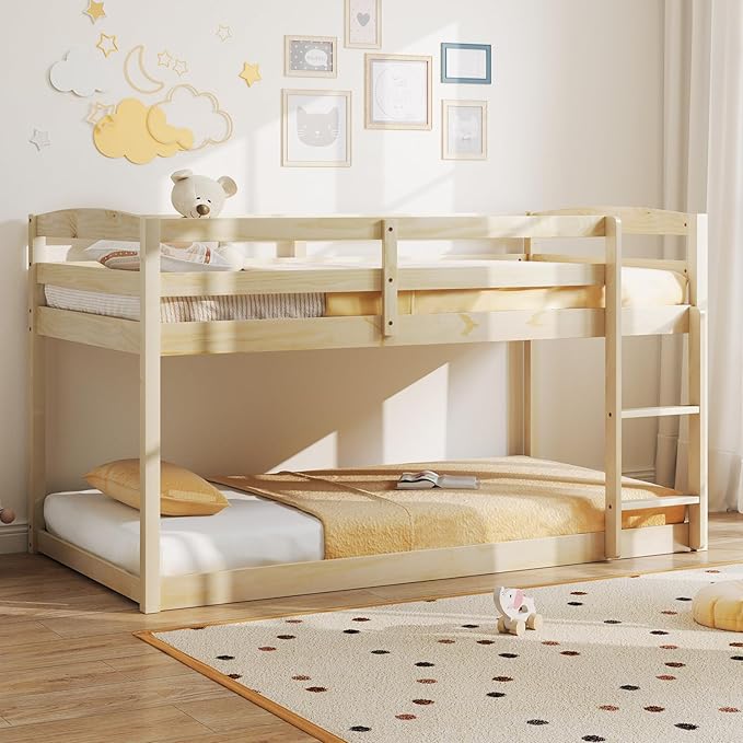 KOMFOTT Low Bunk Bed Twin Over Twin, Solid Wood Twin Bed Frame with Built-in Ladder & Safety Guardrails, Space-Saving Low Bunk Bed for Kids, Teens, No Box Spring Needed