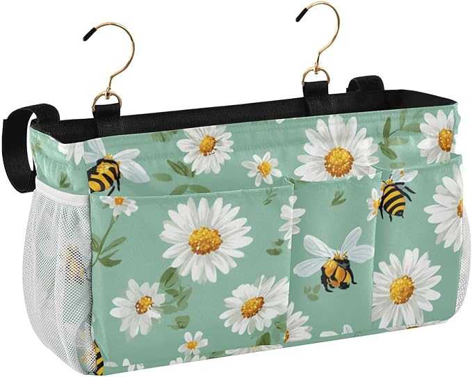 Bedside Caddy Hanging Bunk Bed Caddy Bed Organizer Hanging Pocket with 2 Hooks Bedside Storage Organizer Pocket Bag Holder Mint Green Daisy Flowers and Bees