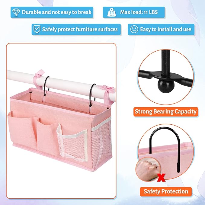 Loghot Bedside Caddy/Bedside Storage Bag Hanging Organizer for Bunk and Hospital Beds,Dorm Rooms Bed Rails,Can be Placed Glasses,Books,Mobile Phones,Keys (New Pink-1)
