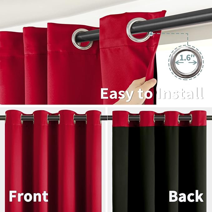 BGment Christmas 100% Blackout Curtains Thermal Insulated with Liner for Living Room Decoration - Grommet Double Layer Energy Saving Bedroom Curtain Drapes (42 x 84 Inches, Red, 2 Panels)