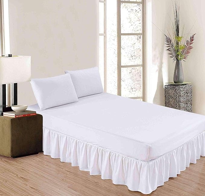 White Solid Ruffled Bed Skirt Short Queen-15 Inch Drop Split Corner, Microfiber Bedskirt with Platform Three Sided Coverage