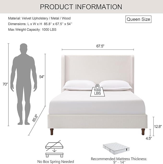 Harper 54" Extra-Tall Headboard Bed Frame - Modern Wingback Upholstered Platform Bed, 1000lbs Heavy Duty Support, Textured Chenille, No Box Spring Needed(Cream White Queen)