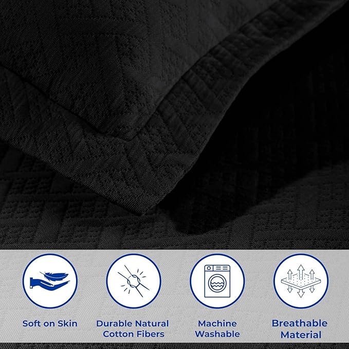 Superior 100% Cotton Basket Weave Bedspread with Shams, All-Season Premium Cotton Matelasse Jacquard Bedding, Quilted-Look Geometric Basket, Twin, Black