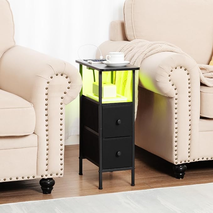 LOAKEKEL Narrow End Table Living Room with Charging Station, Skinny Side Table with Fabric Drawers, Slim LED Nightstand for Bedroom, Small Spaces, Couch, Black, HETNDP02LBK-1